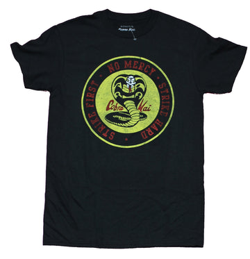 Cobra Kai Mens T-Shirt - Strike First No Mercy Strike Hard Distressed Logo