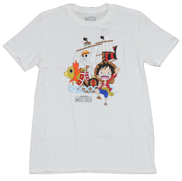 One Piece Movie Mens T-Shirt - Chibi Luffy & Pirate Ship Image