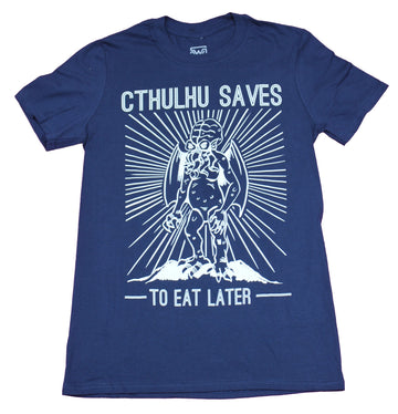 Cthulhu Mens T-Shirt - Cthulhu Saves to Eat Later Beaming Image
