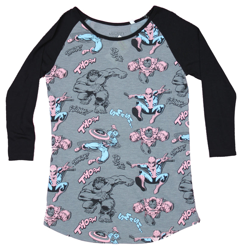 Marvel Comics Girls Juniors Raglan T-Shirt  - Spider-man Hulk Iron Man Allover