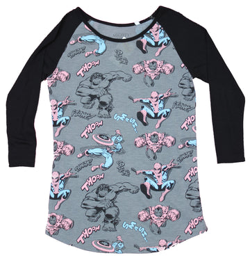 Marvel Comics Girls Juniors Raglan T-Shirt  - Spider-man Hulk Iron Man Allover