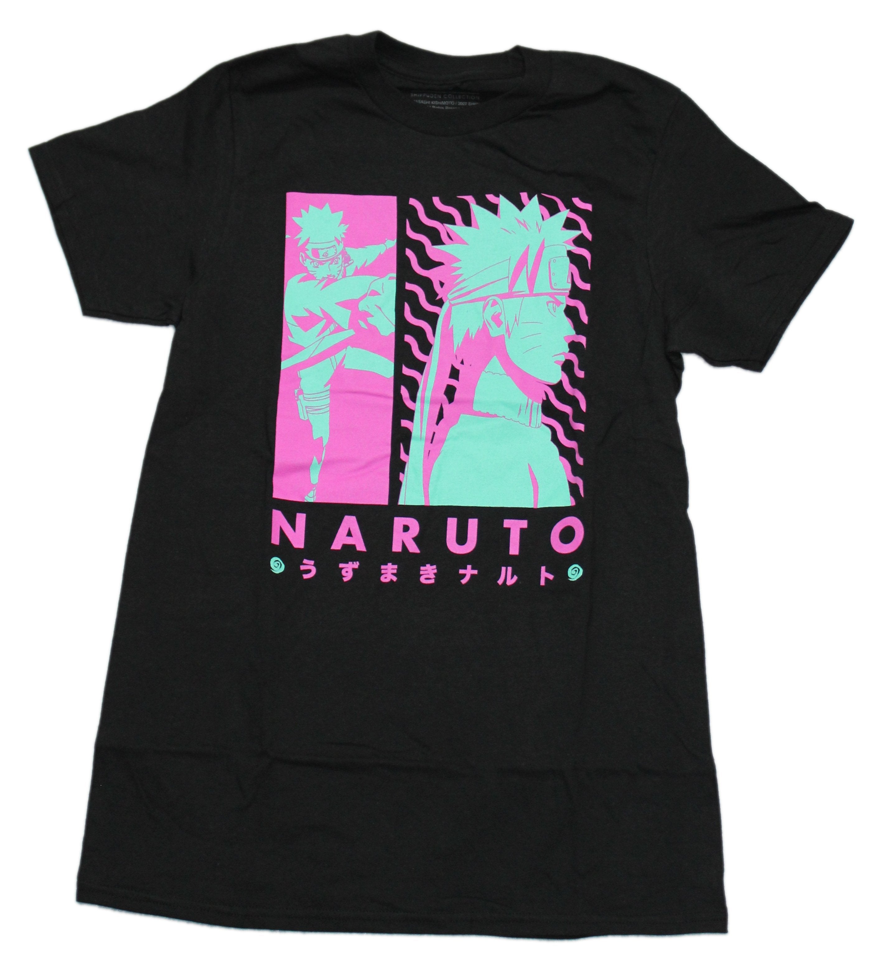 Naruto Shippuden Mens T-Shirt - Neon Aqua Pink Action Boxes