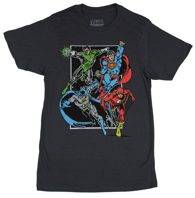 Justice League Mens T-Shirt - 16-Bit Flash Superman Green Lantern Batman Charge