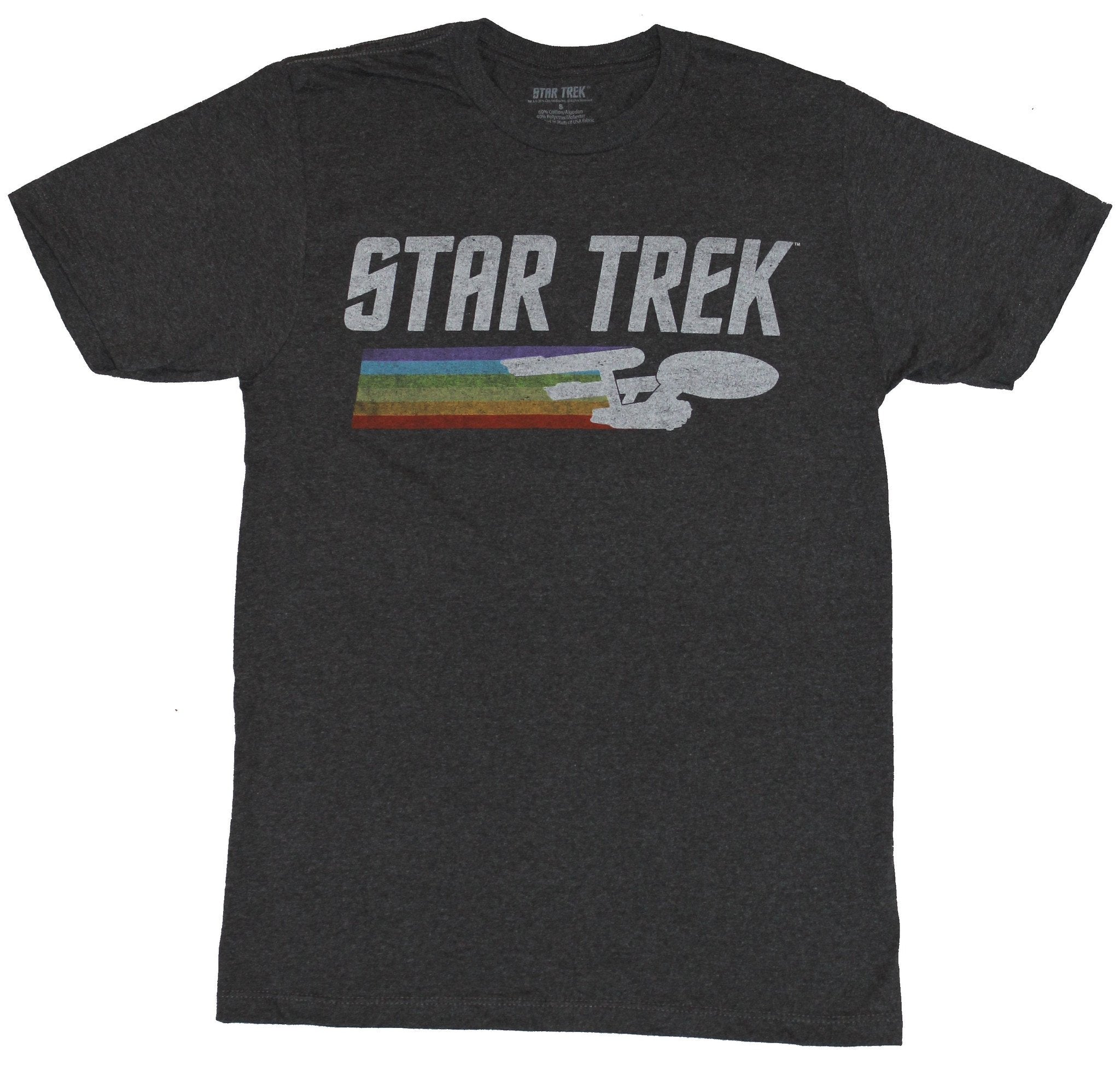 Star Trek Mens T-Shirt - Distressed Logo With Enterprise And Rainbow Swoop