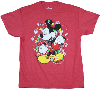 Mickey Mouse Mens T-Shirt  - Mickey Wrapped In Christmas Lights