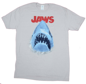 Jaws Mens T-Shirt- Distressed Big Mouth Shark Under Red Name Image