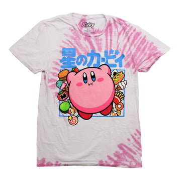 Kirby Mens T-Shirt - Below Kanji in Blue Box Surrounded by Food Tie Dye