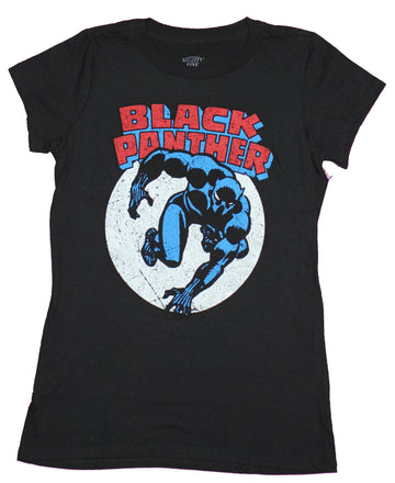 Black Panther Girls Juniors T-Shirt- Retro Black Panther In Spotlight Distressed