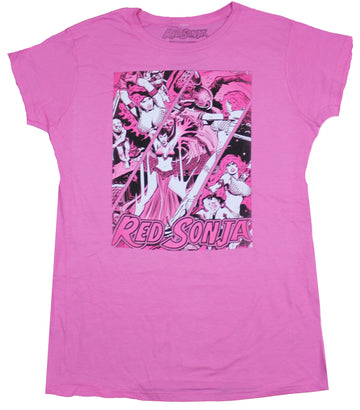 Red Sonja Girls Juniors T-Shirt - Slashed Spider Fighting Comic Panels