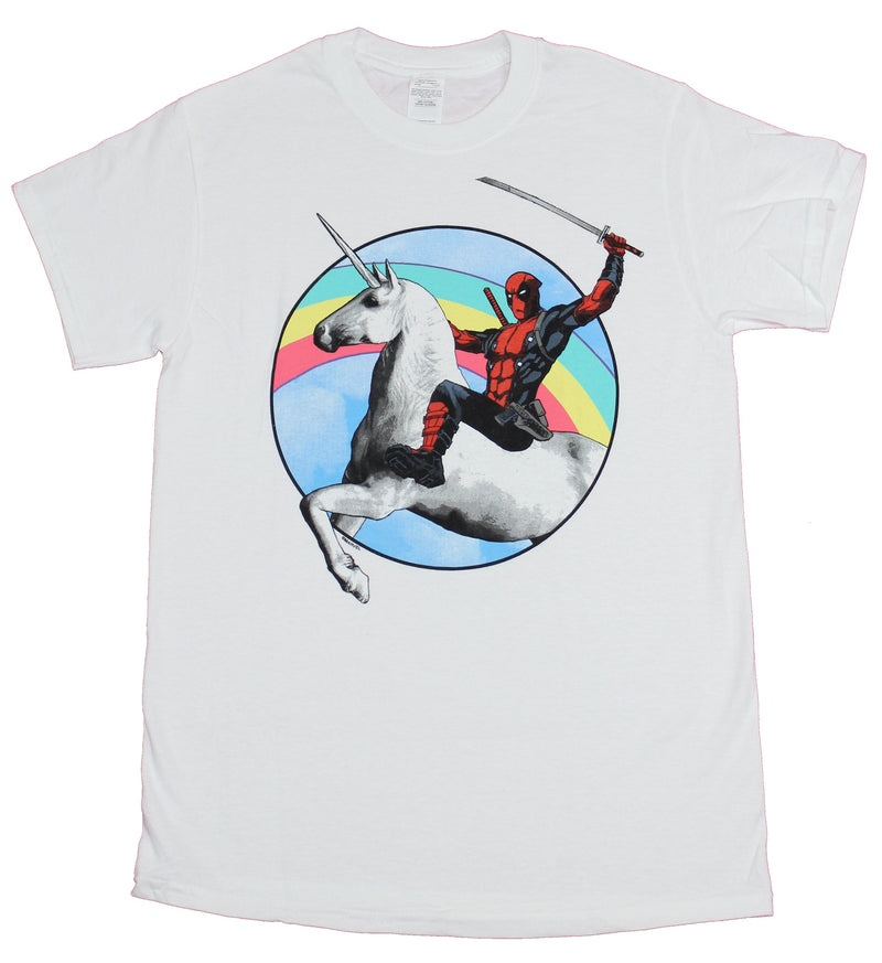 Deadpool Mens T-Shirt - Jumping a Unicorn Through a Rainbow Sky Circle
