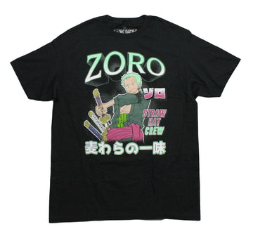 One Piece Mens T-Shirt -Zoro Gripping Sword Above Kanji