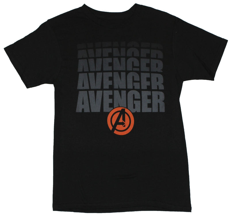 Avengers (Marvel Comics) Mens T-Shirt - Name Drop Over Orange Logo Image - Inmyparentsbasement.com