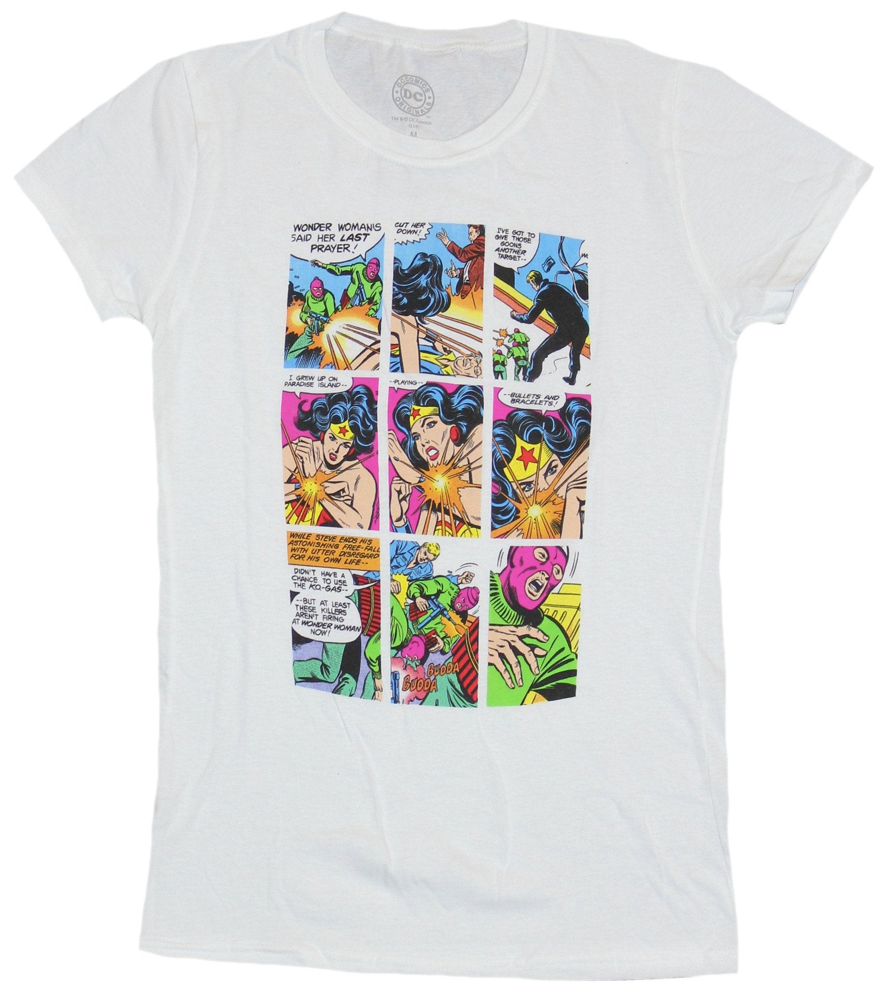 Wonder Woman (DC Comics) Girls Juniors T-Shirt - Colorful Panel Battle Image