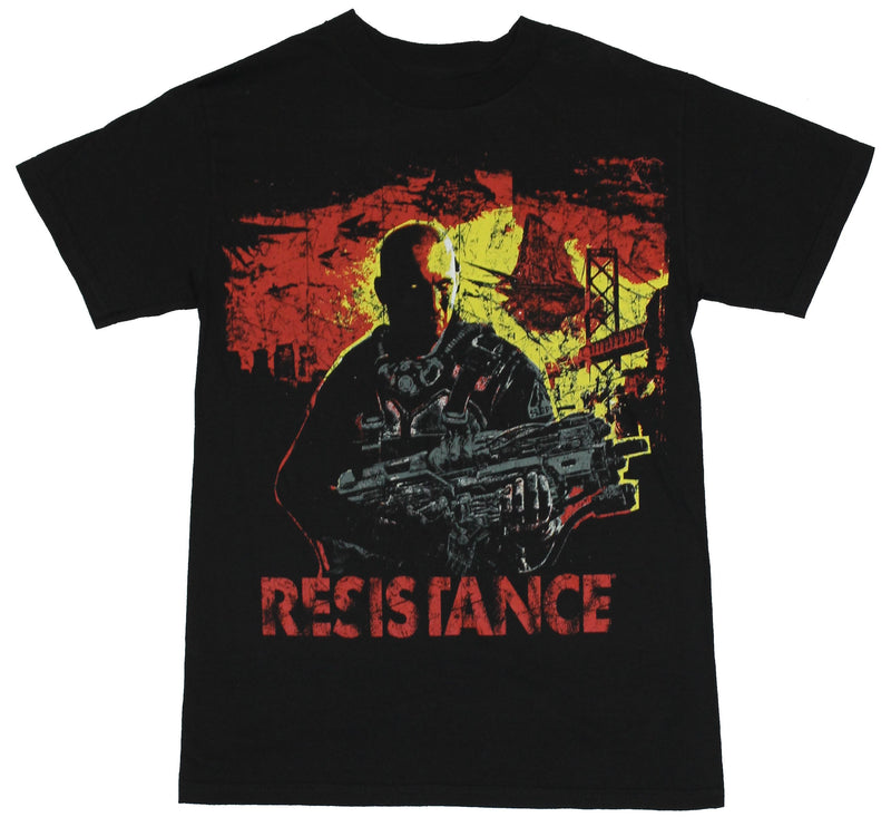 Resistance (2,3 PS3 Game) Mens T-Shirt  - Capeli Holding Gun with Yellow Sun I - Inmyparentsbasement.com