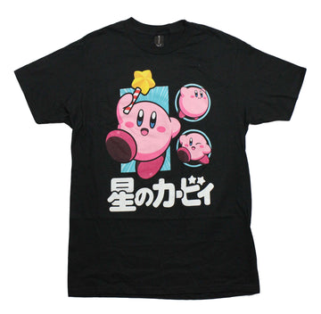 Kirby Mens T-Shirt - Running Wand By Two Circle Images Above White Kanji