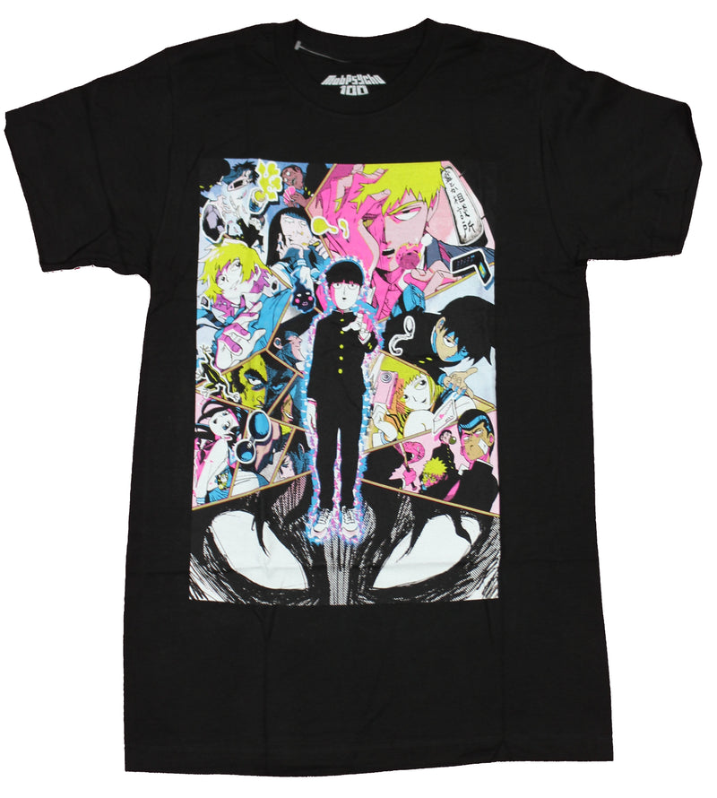 Mob Psycho 100  Mens T-Shirt  - Mob Stands in a Colorful Collage of Characters