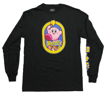 Kirby Mens Long Sleeve T-Shirt - Jumping over Kanji & Food In Circle Kanji