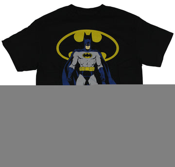 Batman (DC Comics) Mens T-Shirt - Standing Classic Comic Batman Over Name Logo