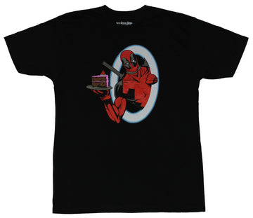 Deadpool (Marvel Comics) Mens T-Shirt - Portal popping Cake Serving Wade Image