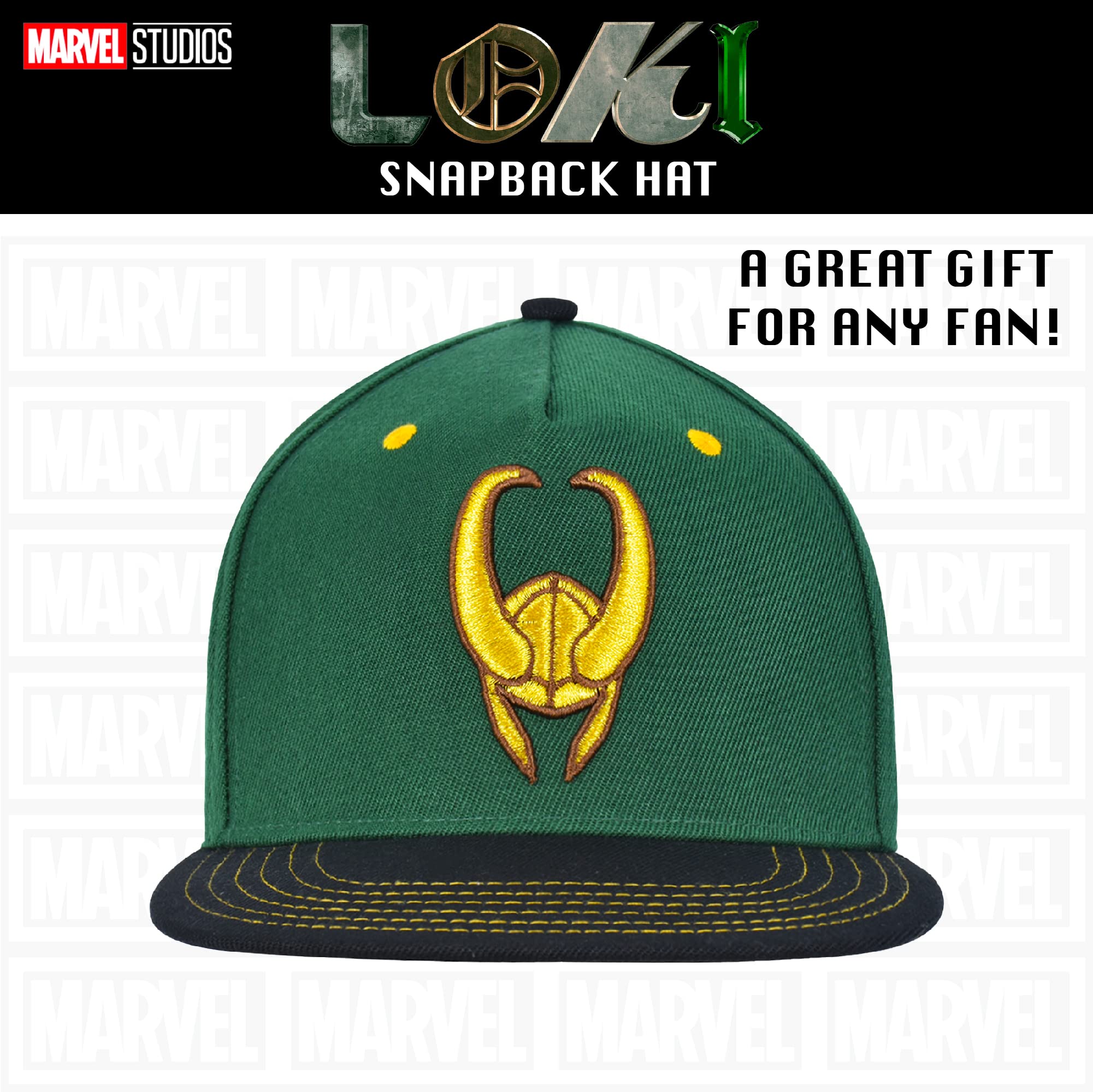 Marvel Loki Baseball Hat, Gold Embroidered Logo Adult Snapback Cap with Flat Brim, Green, One Size