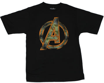 Avengers (Marvel Comics) Mens T-Shirt - The Orange Outlined Camo Filled Logo