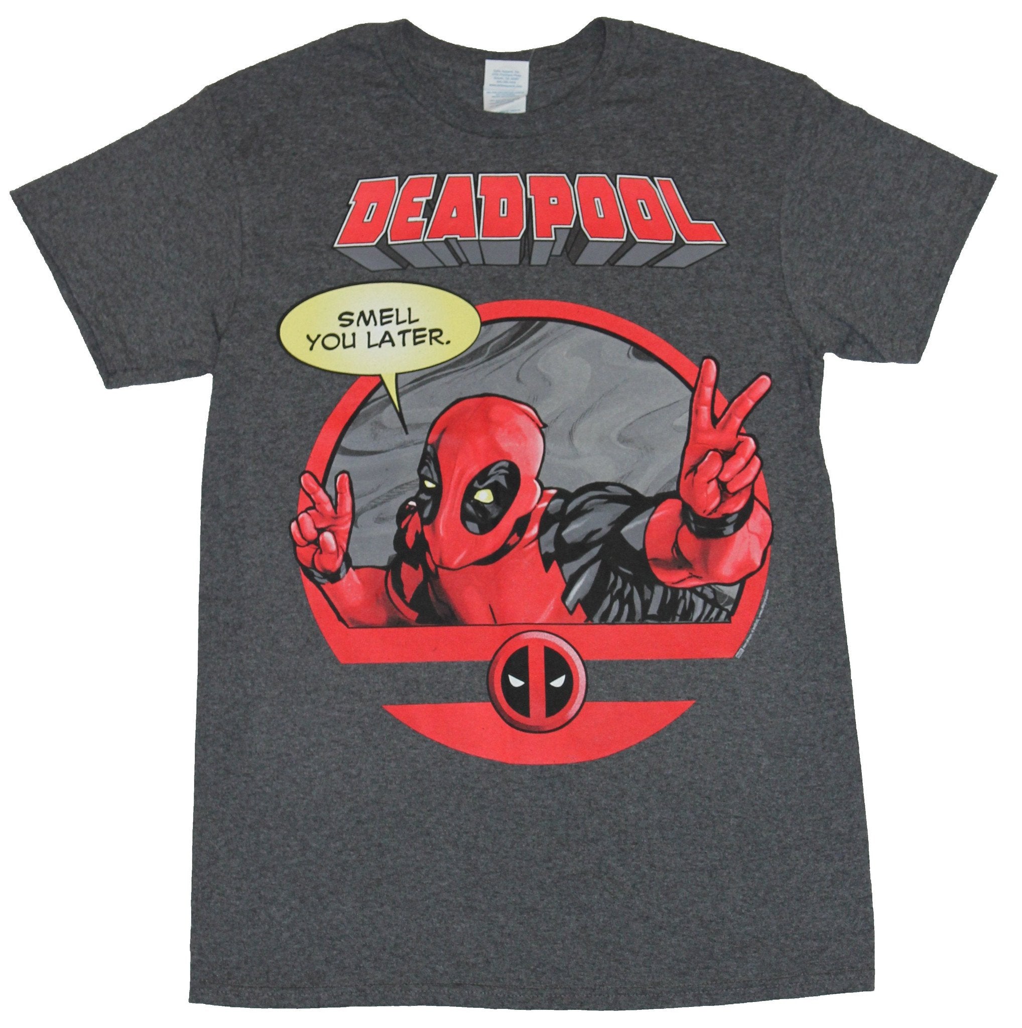 Deadpool (Marvel Comics) Mens T-Shirt  - Smell Ya Later Peace Finger Circle Im