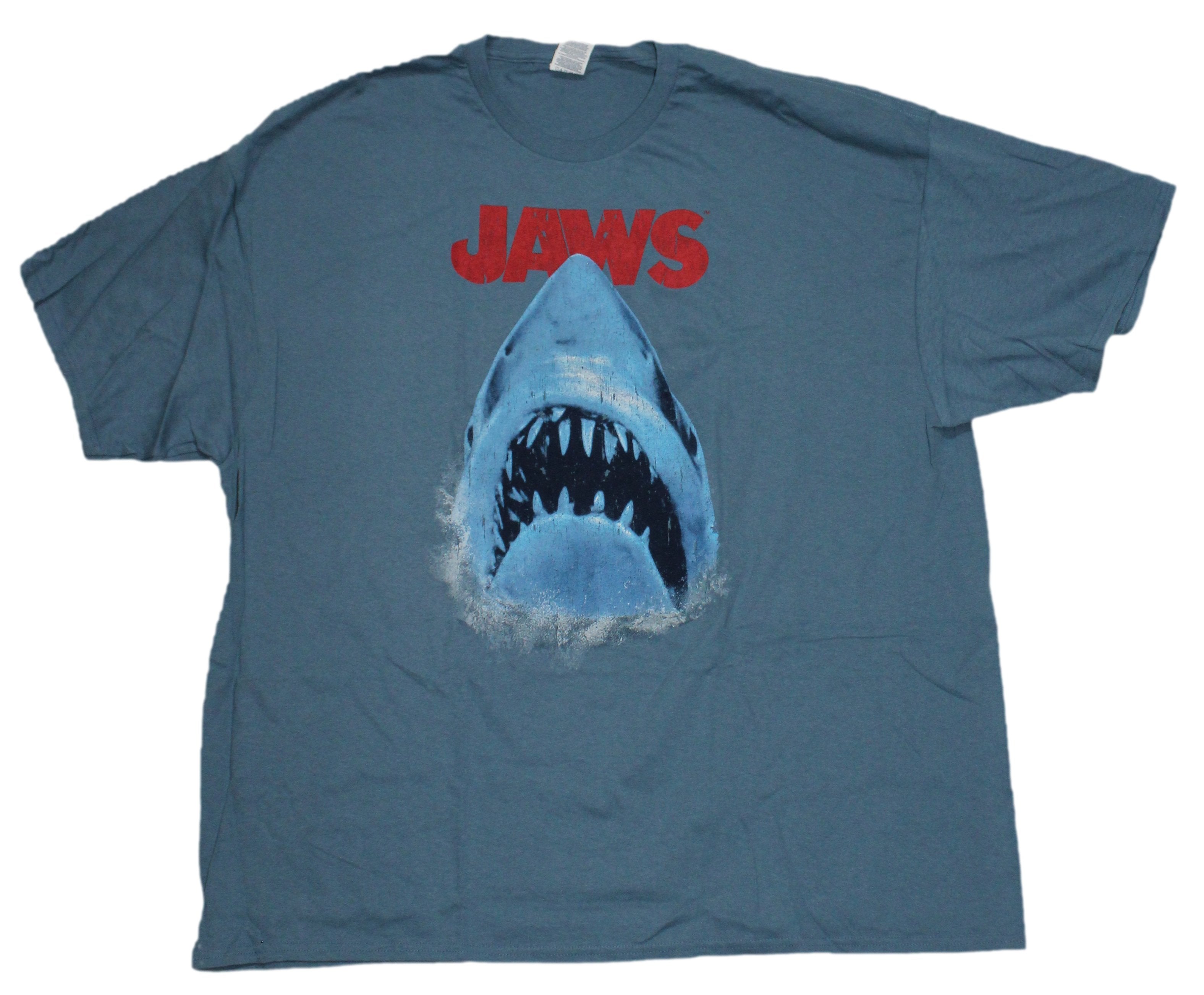 Jaws Mens T-Shirt- Distressed Big Mouth Shark Under Red Name Image
