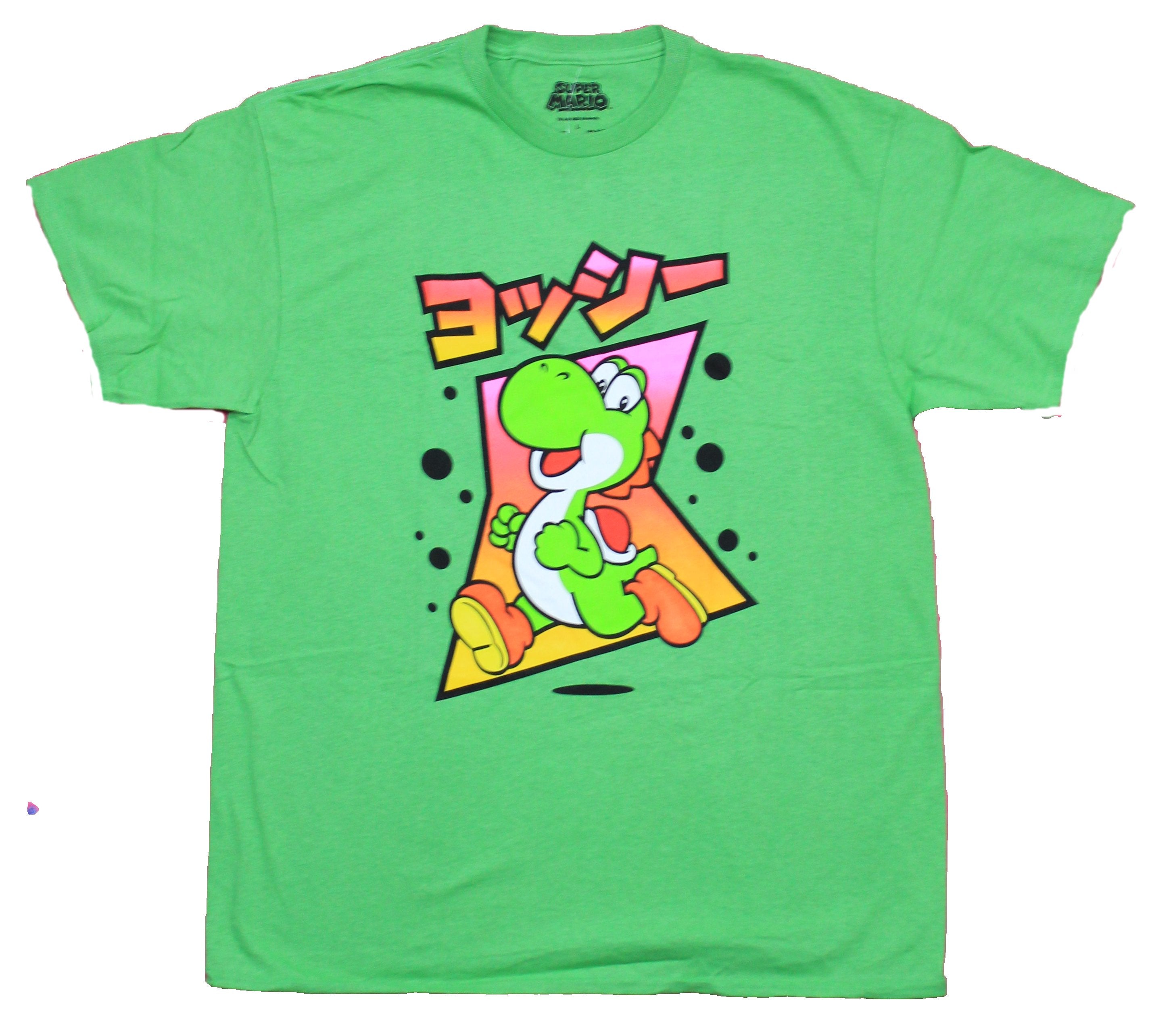 Super Mario Brothers Mens T-Shirt - Cartoon Running Yoshi Under Kanji