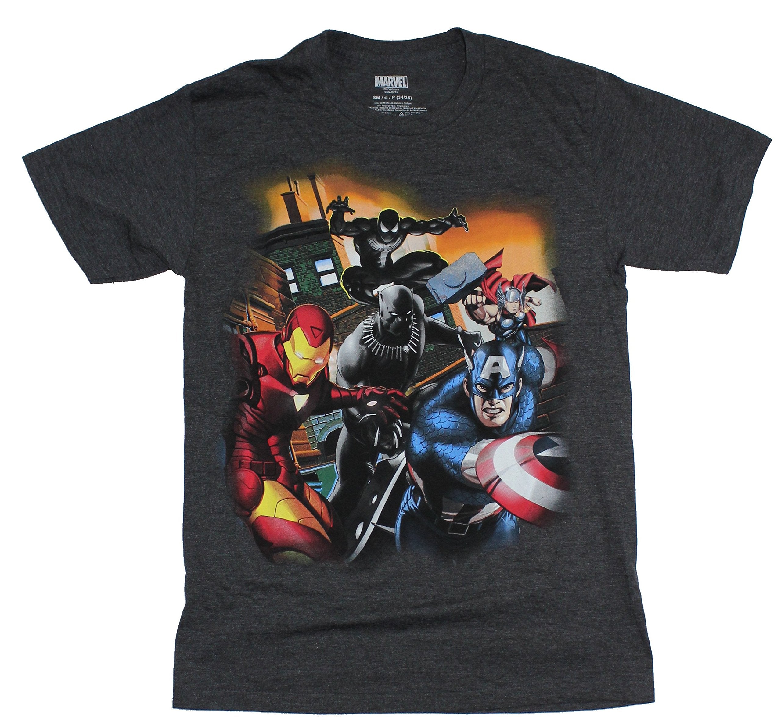Marvel Comics Mens T-Shirt - The Avengers Rooftop Attack with Black Panther