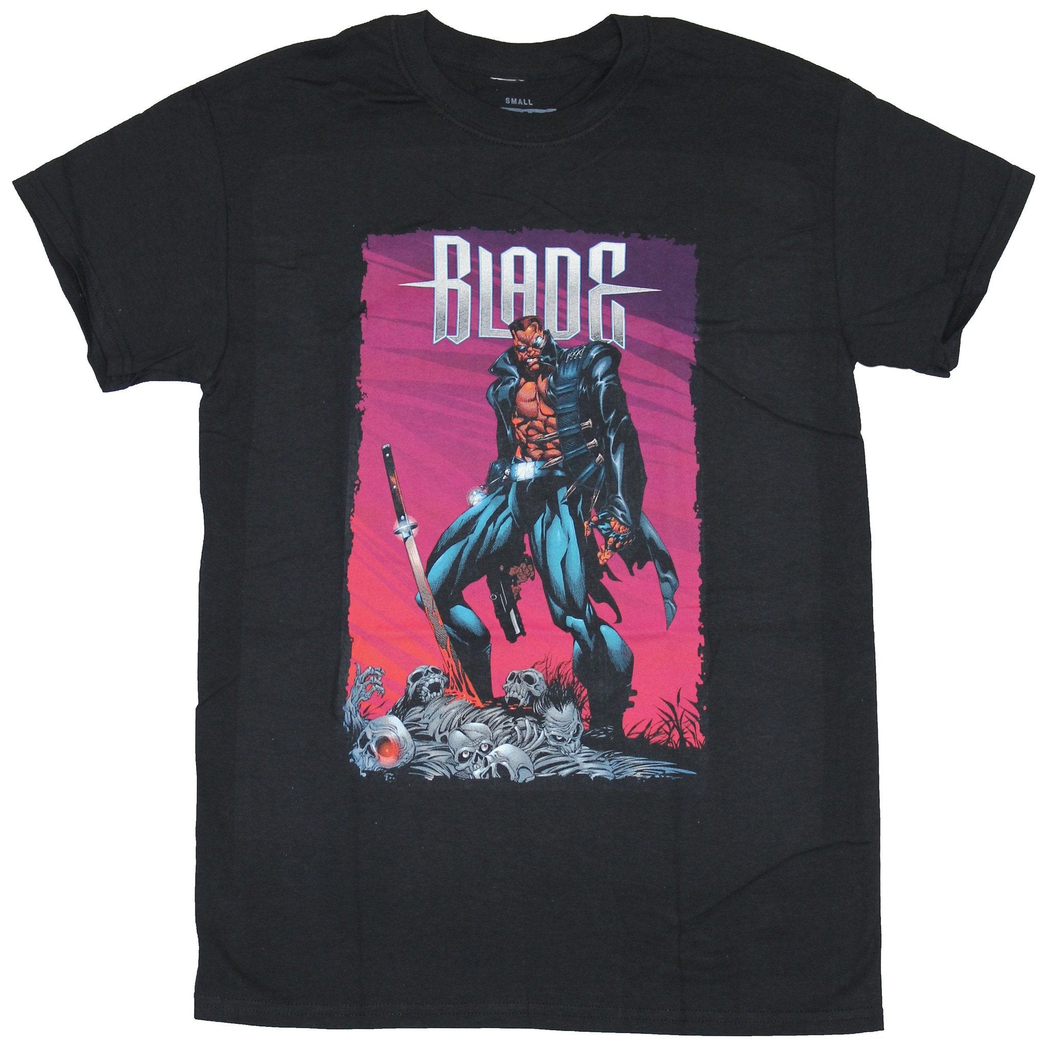 Blade Vampire Hunter Mens T-Shirt - Comic Style Image Atop A pile Of Bones Image
