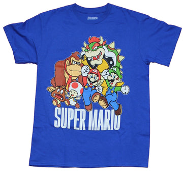 Super Mario Brothers Mens T-Shirt - Jumping Group Over White Logo