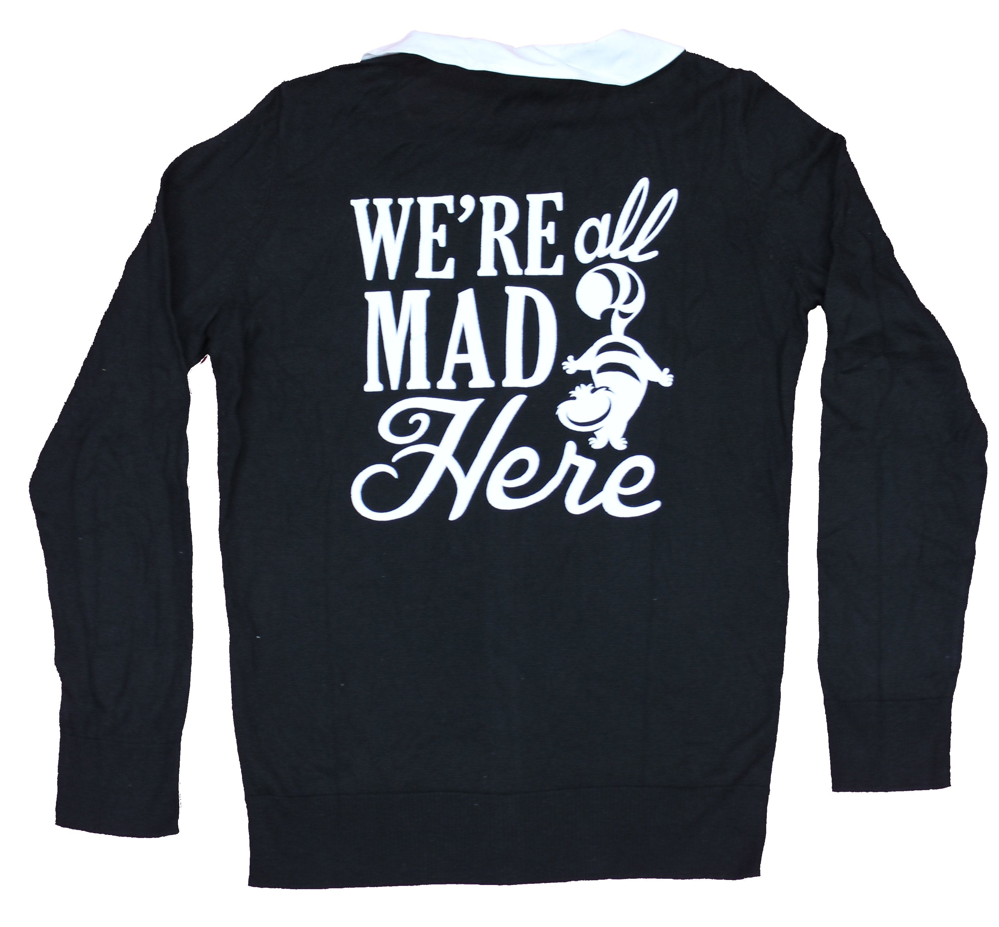 Alice in Wonderland Girls Juniors Sweater- We're Mad Here Back Image