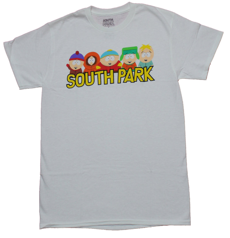 South Park Mens T-shirt - 5 Boy Group Over Yellow Word Logo