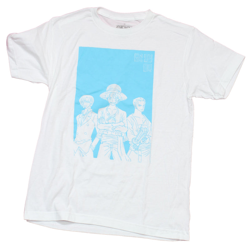 One Piece Mens T-Shirt - Luffy Zoro  Sanji Trio In Blue Box Image