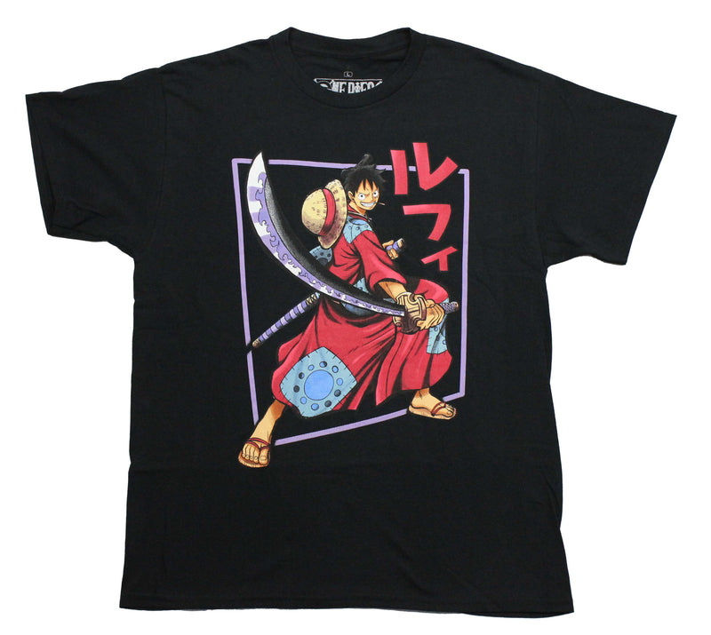 One Piece Mens T-Shirt - Kanji Attack  Boxed Luffy Holding Large Sword
