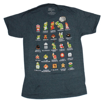 Super Mario Brothers Mens T-Shirt  - 25 8-Bit Characters & Items Named Images