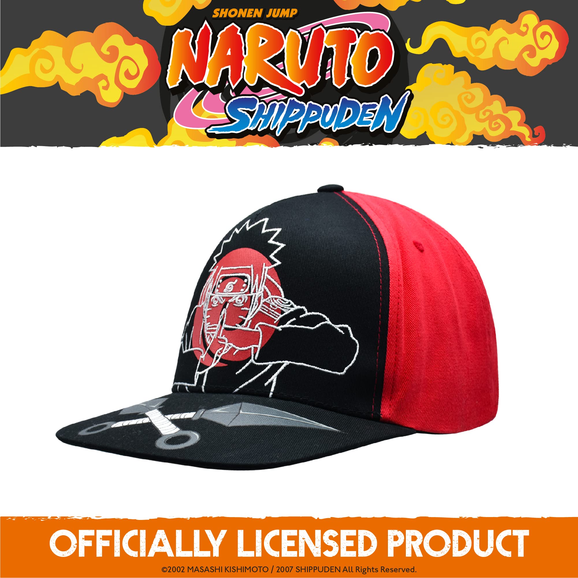 Naruto Baseball Hat, Jutsu Daggers Design Adult Snapback Cap with Flat Brim, Red/Black, One Size