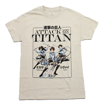 Attack on Titan Mens T-Shirt -Trio: Mikasa, Eren & Levi Fighting Poses