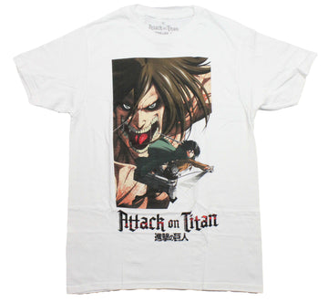 Attack on Titan Mens T-Shirt - Titan Eren Yaeger Face over Mikasa