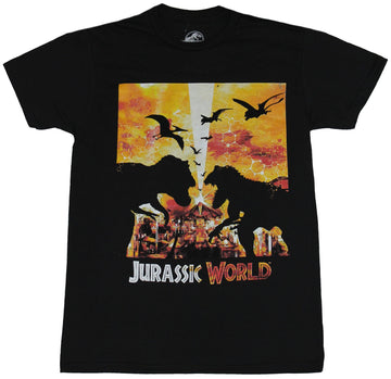Jurassic World Park Mens T-Shirt - Silhouetted Dinos Over Sunset Park Image