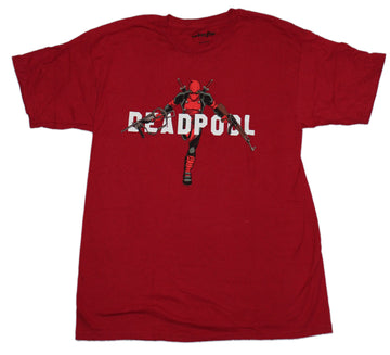Deadpool Mens T-Shirt - Guns Drawn Running Behind Logo