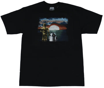 Star Wars Mens T-Shirt - R2-D2 & C-3PO Enjoying Explosion Sunset Image