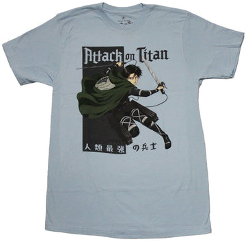 Attack on Titan Mens T-Shirt - Attacking Levi Holding Weapons over Kanji