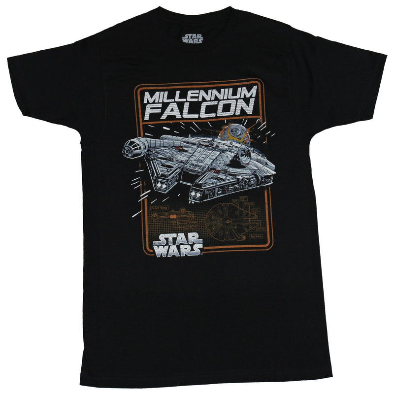 Star Wars Mens T-shirt - Millennium Falcon Boxed Over Blue Prints Image - Inmyparentsbasement.com