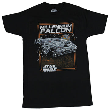 Star Wars Mens T-shirt - Millennium Falcon Boxed Over Blue Prints Image