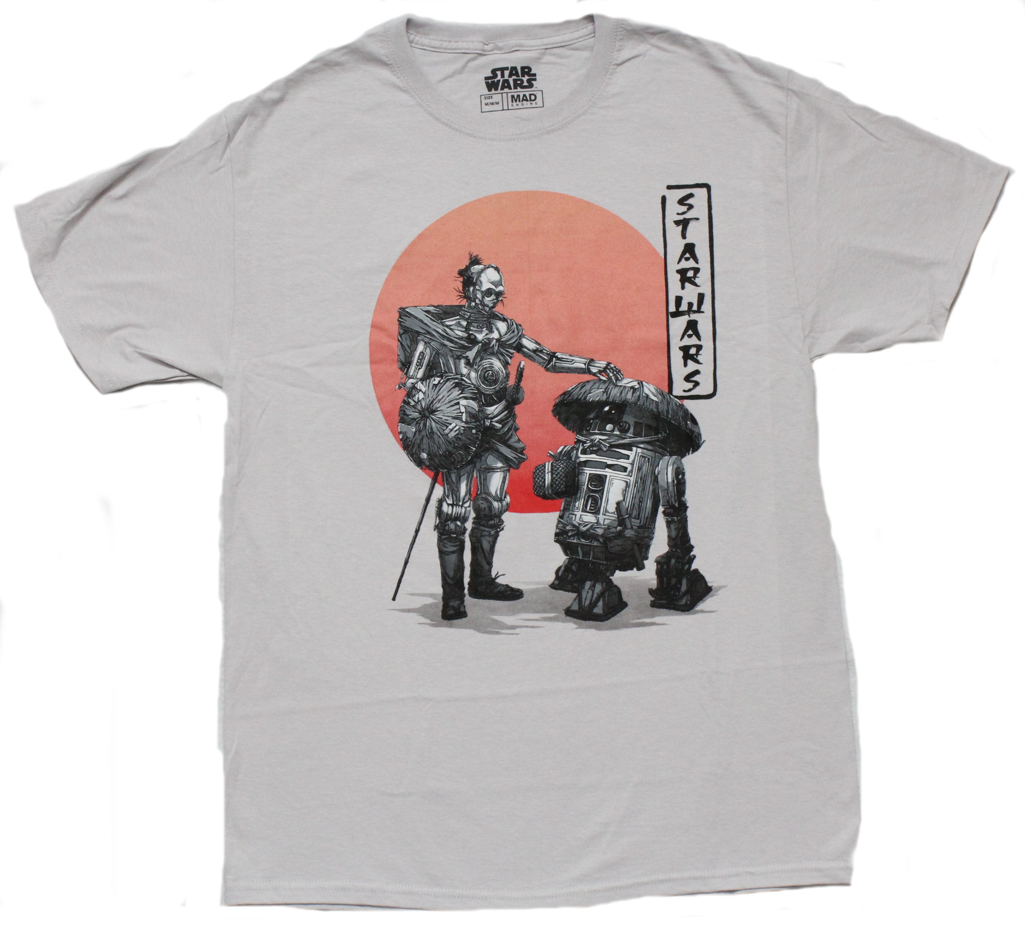 Star Wars Mens T-Shirt -Samurai R2D2 & C-3PO In Front Of Sunset