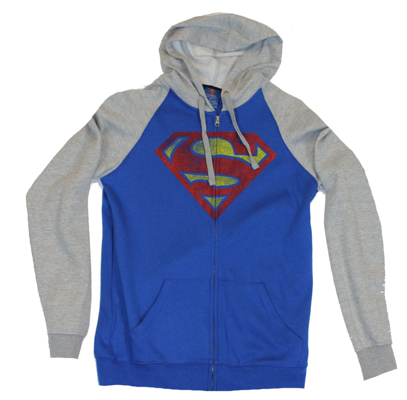 Superman Mens Hoodie Sweatshirt - Classic Distressed Logo Gray Sleeves
