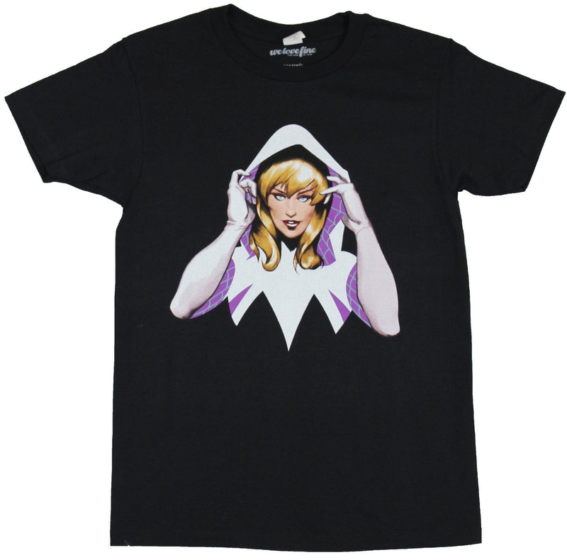 Spider-Gwen (Marvel Comics) Mens T-Shirt - Hood Flipping Head and Shoulders Image - Inmyparentsbasement.com