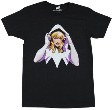 Spider-Gwen (Marvel Comics) Mens T-Shirt - Hood Flipping Head and Shoulders Image