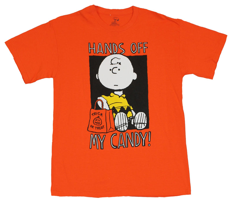 Peanuts Mens T-Shirt - "Hands off My Candy" Charlie Brown With Candy Bag Image